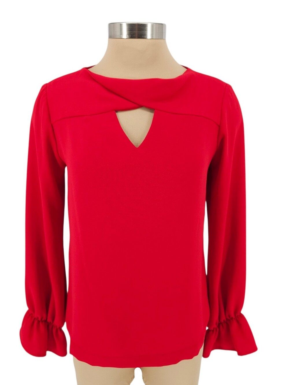 Trina Turk Blouse Red Bell Long Sleeve Keyhole Neck Cutout Button Back Top Small